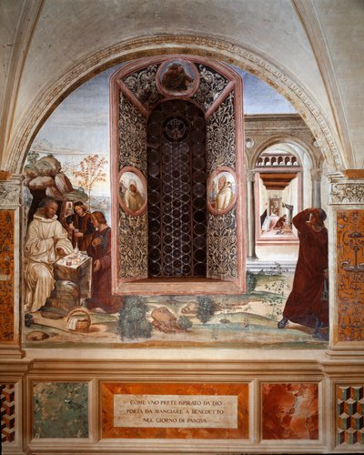 Come un prete portò cibo a Benedetto a Pasqua - Affresco del chiostro realizzato da Antonio Bazzi detto il Sodoma (1477 - 1549) che racconta la vita di San Benedetto da Norcia (480 - 567) fondatore dell