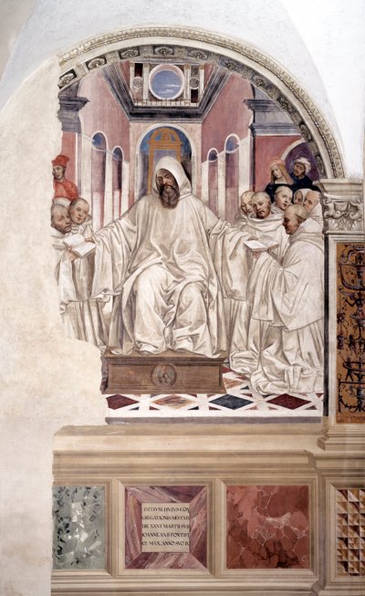 San Benedetto dà la regola ai monaci affresco del chiostro realizzato da Antonio Bazzi detto il Sodoma (1477 - 1549) che racconta la vita di San Benedetto da Norcia (480 - 567) fondatore dell