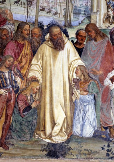 San Benedetto riceve due giovani romani, Mauro e Placido (San Benedetto incontra due giovani romani, Mauro e Placido) (dettaglio) affresco del chiostro realizzato da Antonio Bazzi detto il Sodoma (1477 - 1549) che racconta la vita di San Benedetto da Norci da Giovanni Antonio Bazzi Sodoma