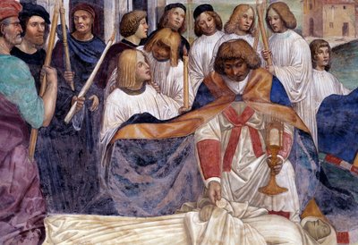 San Benedetto porta il corpo di Cristo sul corpo del monaco che la terra rifiuta di seppellire (dettaglio) da Giovanni Antonio Bazzi Sodoma