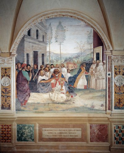 San Benedetto porta il corpo di Cristo sul corpo del monaco che la terra rifiuta di seppellire affresco del chiostro realizzato da Antonio Bazzi detto il Sodoma (1477 - 1549) che racconta la vita di San Benedetto da Norcia (480 - 567) fondatore dell