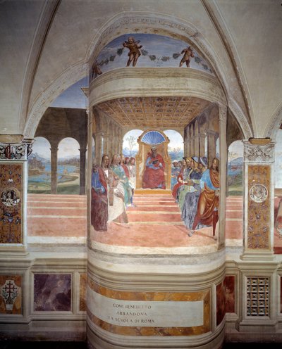 San Benedetto lascia la scuola di Roma affresco del chiostro realizzato da Antonio Bazzi detto il Sodoma (1477 - 1549) che racconta la vita di San Benedetto da Norcia (480 - 567) fondatore dell