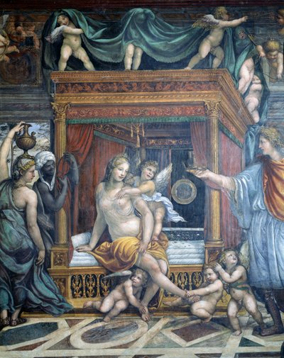 Sala delle Nozze di Alessandro e Rossana, dettaglio di Rossana nella sua camera da letto presentata con una corona da Alessandro (dettaglio) da Giovanni Antonio Bazzi Sodoma
