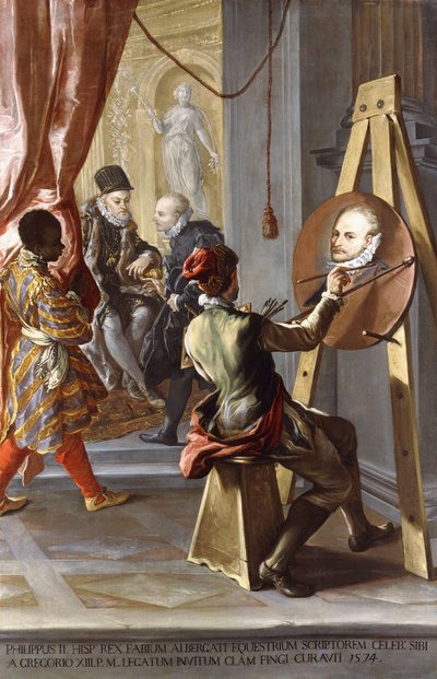 Fabio Albergati ricevuto da Filippo II di Spagna, mentre un artista esegue segretamente il suo ritratto su istruzioni del re da Giovanni Antonio Burrini or Burino
