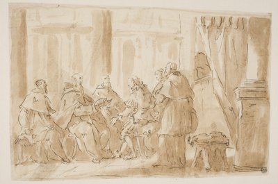 Un gruppo di cinque ecclesiastici che parlano con un laico da Giovanni Antonio Pellegrini