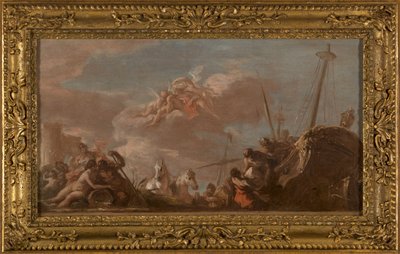 Bozzetto per il soffitto della Banque Royale: Lo scarico delle merci dalla Louisiana sulla riva della Senna, nel 1720 da Giovanni Antonio Pellegrini