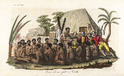 I nativi hawaiani offrono un maiale sacrificale al Capitano James Cook davanti a 12 sacerdoti e un idolo di legno nella casa sacra di Orono. Incisione a mano colorata da Sasso su disegno di John Webber dal libro di Giulio Ferrario 