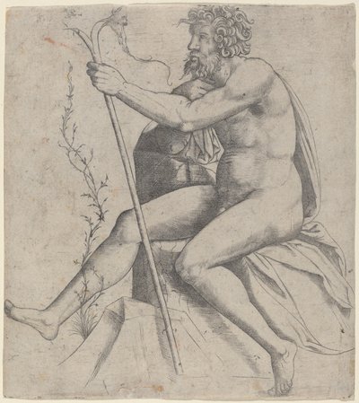 Uomo seduto con un bastone biforcuto da Giovanni Antonio da Brescia