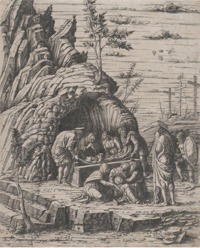 La sepoltura di Cristo che viene calato da due uomini in una tomba di pietra da Giovanni Antonio da Brescia
