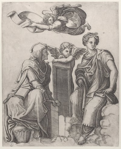 Due figure femminili sedute tra le nuvole affiancano un angelo e un altro che vola sopra da Giovanni Antonio da Brescia
