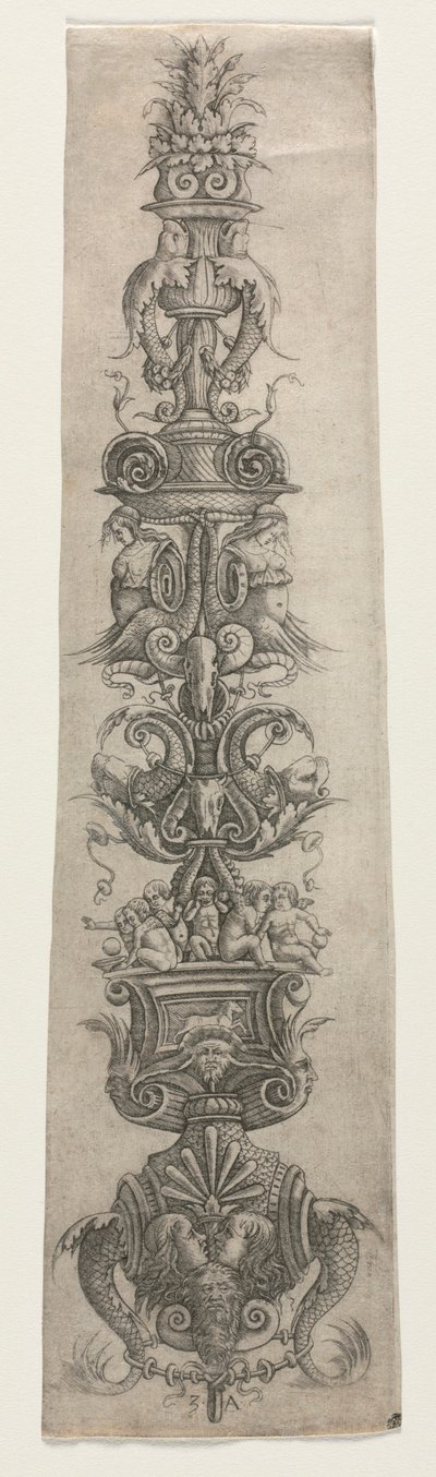 Arabesco verticale con maschere, amorini e nereidi da Giovanni Antonio da Brescia