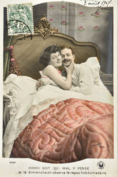 Cartolina: Honni soit qui mal y pense/Riposo domenicale settimanale - data 1907 da Phillipe de Marlier