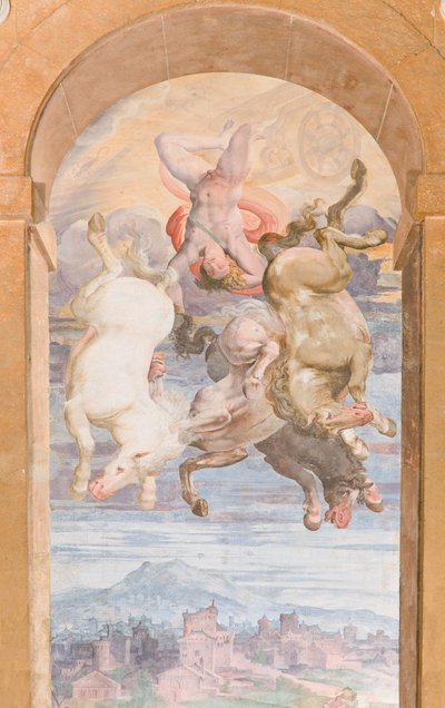 Il Carro del Sole guidato da Apollo che si tuffa verso la Terra, Parete orientale della Loggia di Apollo, c.1560 da Giovanni Battista and Cambiaso Luca Castello