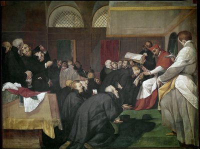 Quadroni di San Carlo: episodio della vita di San Carlo Borromeo: il santo fonda il Collegio dei Gesuiti, Barnabiti e Teatini da Giovanni Battista  Crespi