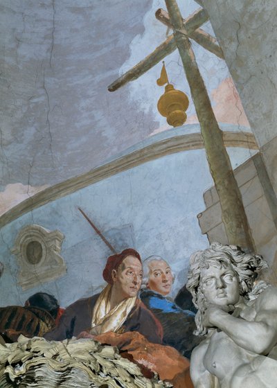 Un autoritratto mostra un Tiepolo esausto e molto invecchiato che si china sul cartiglio d