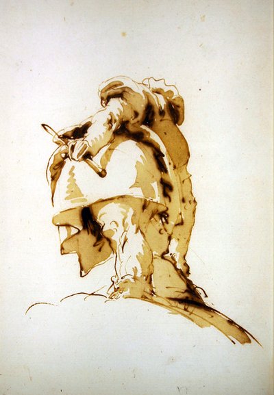 Un uomo in piedi visto da dietro, che tiene un bastone e raggiunge un sacco da Giovanni Battista Tiepolo