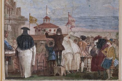 Alloggi per ospiti, la stanza delle scene di carnevale: "Nuovo Mondo", una scena con maschere che imitano un dipinto a olio da Giovanni Battista Tiepolo