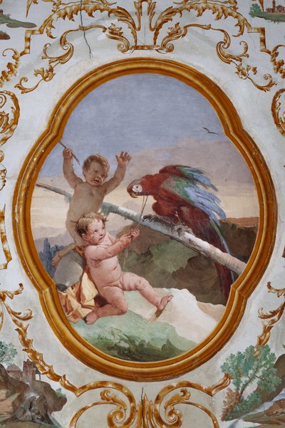 Alloggi per ospiti, la stanza dei putti, medaglione con putti: "Due putti e un pappagallo" da Giovanni Battista Tiepolo