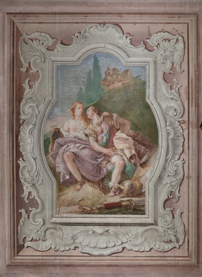 Palazzina: vista della quarta stanza o di Torquato Tasso, con affreschi che rappresentano episodi di "Gerusalemme liberata": "Rinaldo e Armida nel giardino incantato, osservati segretamente da Ubaldo e Carlo" da Giovanni Battista Tiepolo