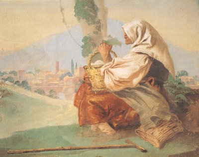Paesaggio con contadino Un vecchio seduto, la testa coperta da un uomo sanguinante che nasconde il viso da Giovanni Battista Tiepolo