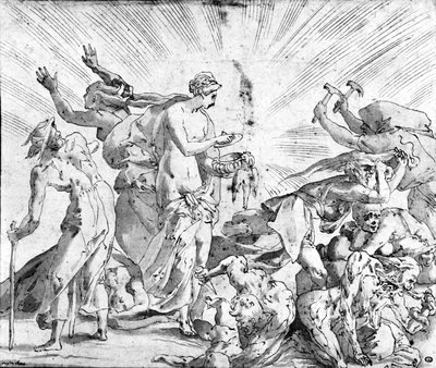 Il mito della scatola di Pandora, disegno del Rosso da Giovanni Battista (after) Rosso