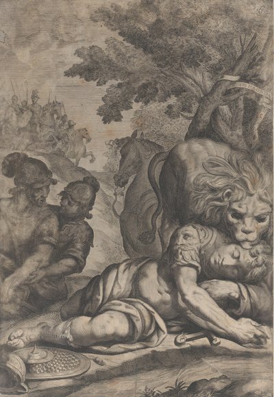Un leone sopra un cavaliere caduto a destra, con altri due soldati a sinistra, 1640-70 da Giovanni Battista Bonacina