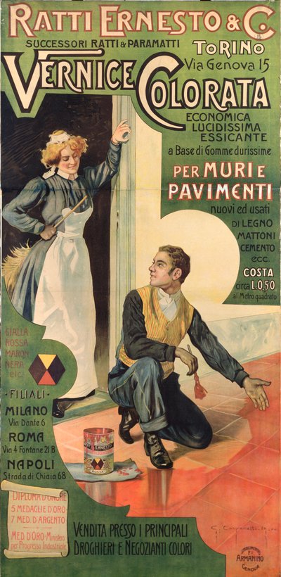 Manifesto pubblicitario per i negozi di vernici Ratti Ernesto e Co., Italia da Giovanni Battista Carpanetto