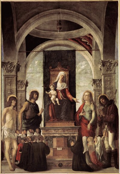 Sacra conversazione, vergine con bambino circondata da San Giovanni Battista, San Sebastiano, San Rocco, Santa Maria Maddalena da Giovanni Battista Cima da Conegliano