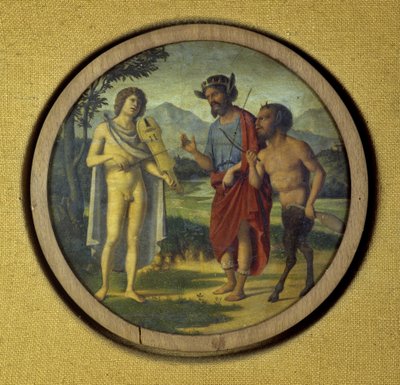Copertura di strumento a tastiera con illustrazione raffigurante Apollo (con lira) e Marsia da Giovanni Battista Cima da Conegliano