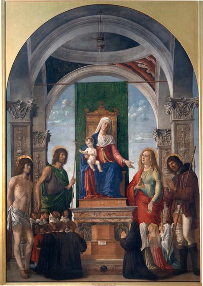 Madonna e Bambino in trono con San Sebastiano, San Giovanni Battista, Santa Maria Maddalena, San Rocco e Membri della Confraternita di San Giovanni Evangelista da Giovanni Battista Cima da Conegliano