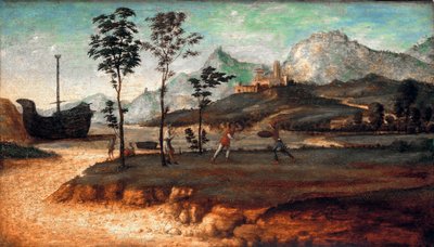 Paesaggio costiero con due uomini che duellano da Giovanni Battista Cima da Conegliano