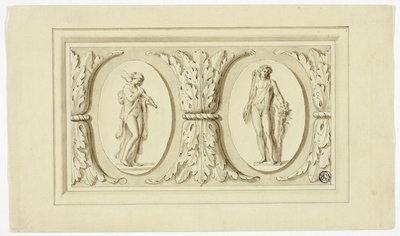 Due medaglioni con figure stanti di Omphale e Bacco, separati da un disegno di foglie d