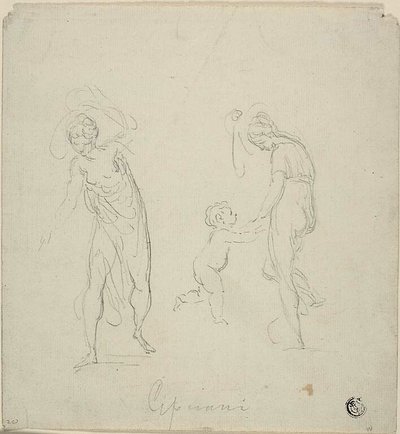Due schizzi: Donna in piedi, Donna che danza con bambino da Giovanni Battista Cipriani