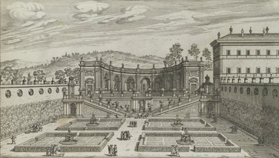 Altra veduta in prospettiva del teatro e giardino contiguo di Mondragone in Frascati, 1691 o dopo da Giovanni Battista Falda