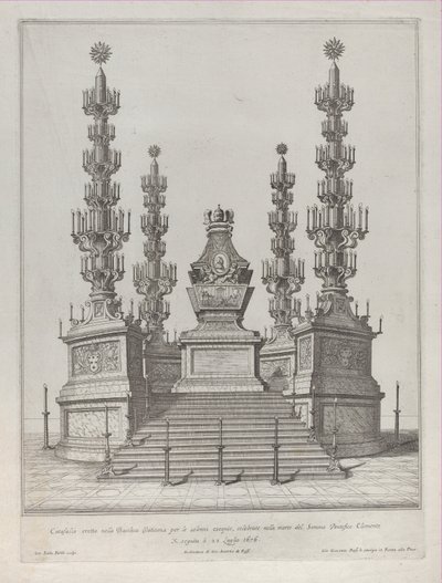 Catafalco per Papa Clemente X: una struttura centrale elevata su una piattaforma a 15 gradini da Giovanni Battista Falda