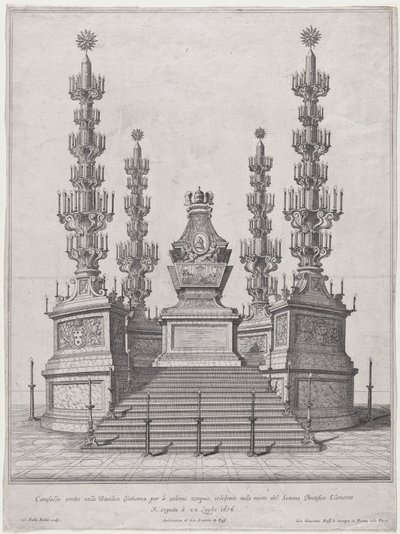 Catafalco per Papa Clemente X, struttura centrale in cima a una piattaforma di quindici gradini, 1676 da Giovanni Battista Falda