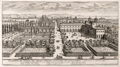 Prospettiva dei giardini di Villa Medici a Roma, incisione da 