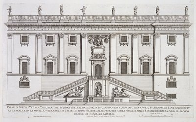 Vista della facciata di Palazzo Senatorio in Piazza del Campidoglio, Roma, iniziato da Michelangelo Buonarroti (1475-1564) e completato da Girolamo Rainaldi (1570-1655) da Giovanni Battista Falda