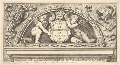 Frontespizio alla serie di stampe dopo Poloidoro, titolo su uno scudo sostenuto da due putti, 1658 da Giovanni Battista Galestruzzi