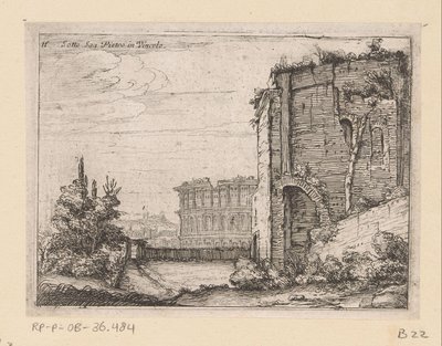 Rovine di un edificio antico e il Colosseo a Roma (serie di vedute di Roma) da Giovanni Battista Mercati