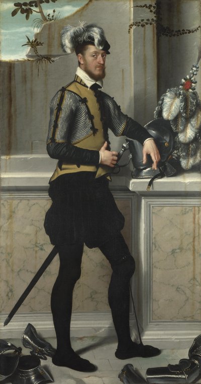 Un cavaliere con il suo elmo da giostra Il Cavaliere dal Piede Ferito, Conte Faustino Avogadro, ca 1554 da Giovanni Battista Moroni