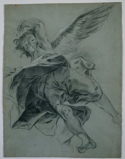 Un angelo volante recto, studi di mani che suonano strumenti verso da Giovanni Battista Piazzetta