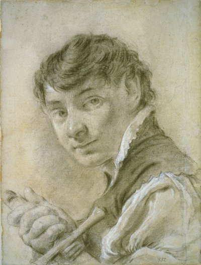 Ritratto di giovane uomo che impugna una spada, 1735 circa (gesso bianco e nero con carboncino su carta) da Giovanni Battista Piazzetta