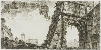 1. Arco di Tito. 2. Villa Farnese. 3. Colonne del Tempio di Giove Statore. 4. Arco di Settimio Severo. 5. Tempio della Pace, tavola sei da Alcune vedute di archi trionfali e altri monumenti da Giovanni Battista Piranesi