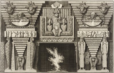 Camino in stile egizio: due mummie di profilo a sinistra e due figure che portano obelischi a destra. da Giovanni Battista Piranesi