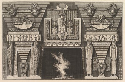 Camino in stile egiziano: Due mummie di profilo a sinistra e due figure..., ca. 1769 da Giovanni Battista Piranesi