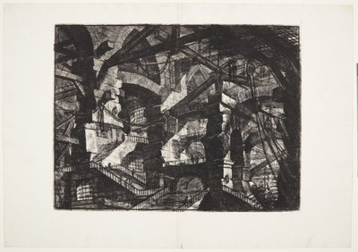 Gruppi complessi di archi in rovina interconnessi che sostengono travi e corde da Giovanni Battista Piranesi