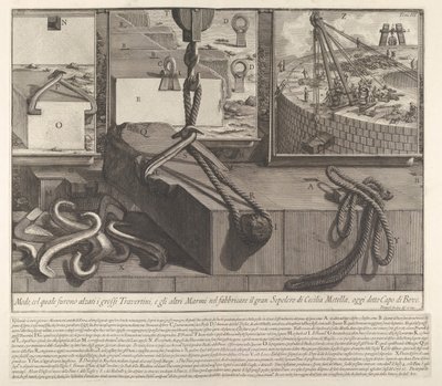 Pannello dimostrativo della tecnica per sollevare blocchi di travertino e marmo per la costruzione, 1756 da Giovanni Battista Piranesi