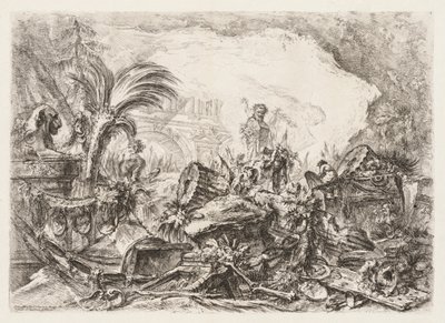 Groteschi: Rovine con una statua di un fauno e una colonna caduta da Giovanni Battista Piranesi
