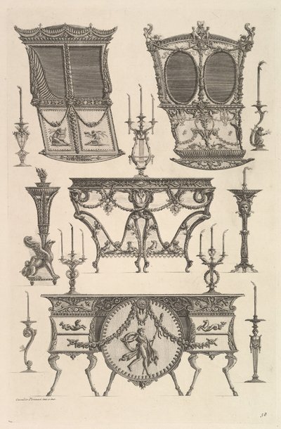 Mobili vari tra cui due sedie a portantina, un tavolino e un comò da Giovanni Battista Piranesi